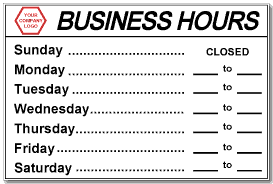 Business Hours 18x12 Decal