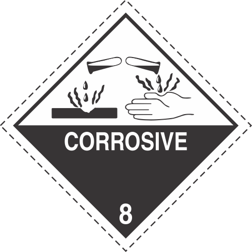 Vinyl Corrosive Class 8 DOT 4"x4" Label with a Dashed Border